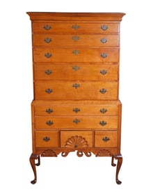 American Maple Highboy, Circa 18th c, 5 Graduated Drawers with Dovetailing at Top of Case, Lower