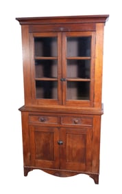 American Walnut Cupboard, Circa 1880, 2 Framed Glass Doors With Bead Trim Over 80"h