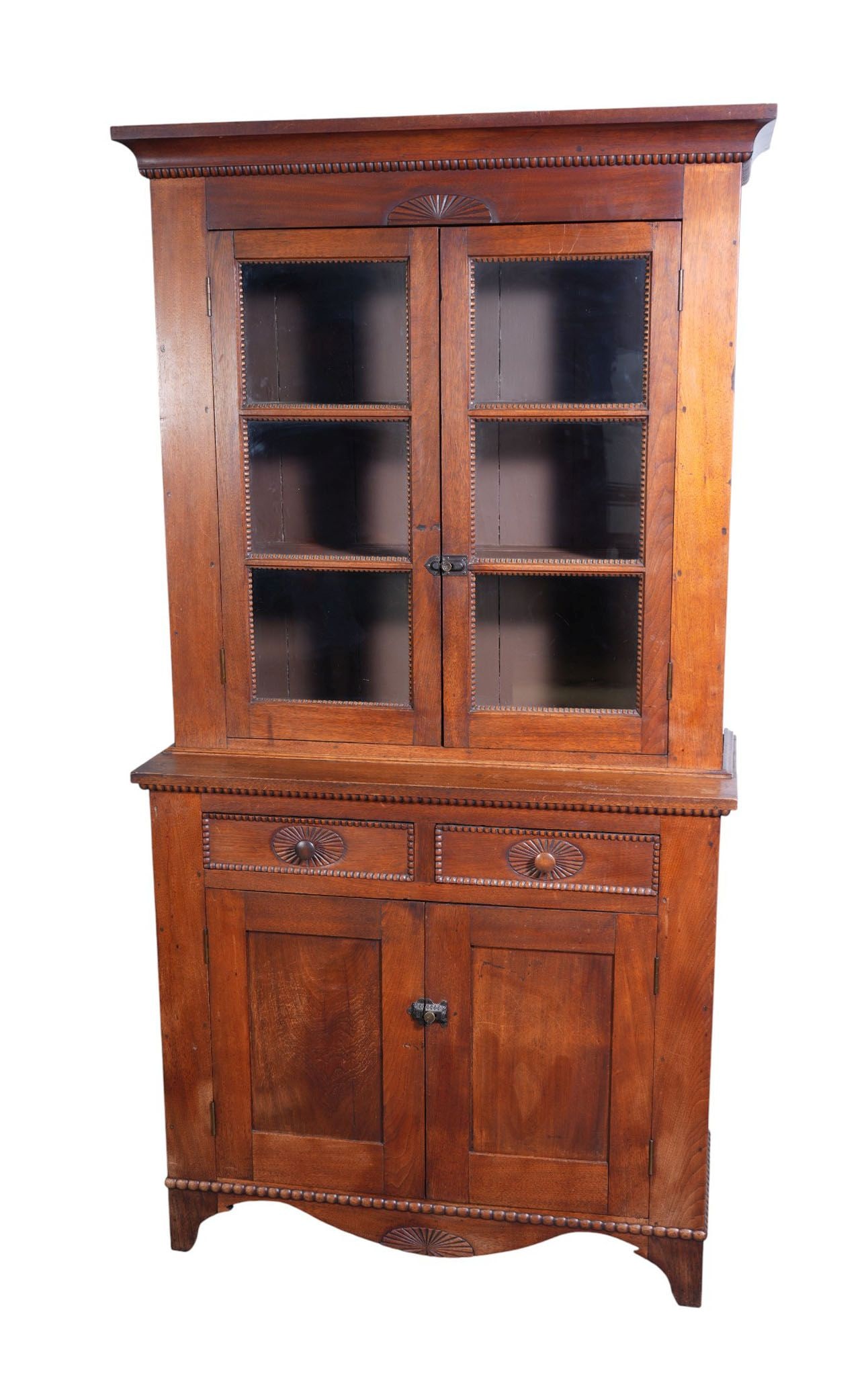 American Walnut Cupboard, Circa 1880, 2 Framed Glass Doors With Bead Trim Over 80"h (1 of 8)