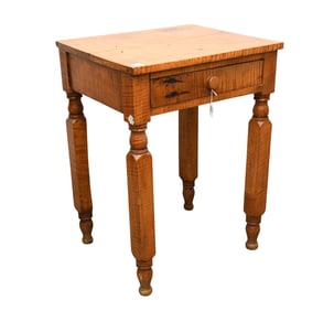 American Tiger Maple 19th c. Work Table With Single Drawer, 29"H x 21 5/8"w x 18"d (age split on