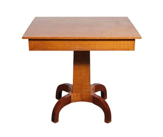 American Tiger Maple Empire Occasional Table, Single Board Top On Graduated Square Pedestal Leading