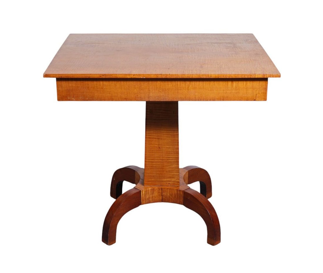 American Tiger Maple Empire Occasional Table, Single Board Top On Graduated Square Pedestal Leading (1 of 6)
