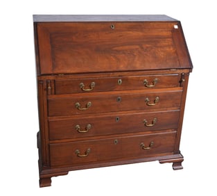 American Walnut Chippendale Slant Front Desk, Revealing Fitted Interior Over 4 Graduated Drawers,