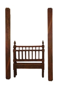 American Spool Turned Bed, Early 19th c, Original Dry Red Finish, 38"h x 36 1/2"w (nickel size pc.