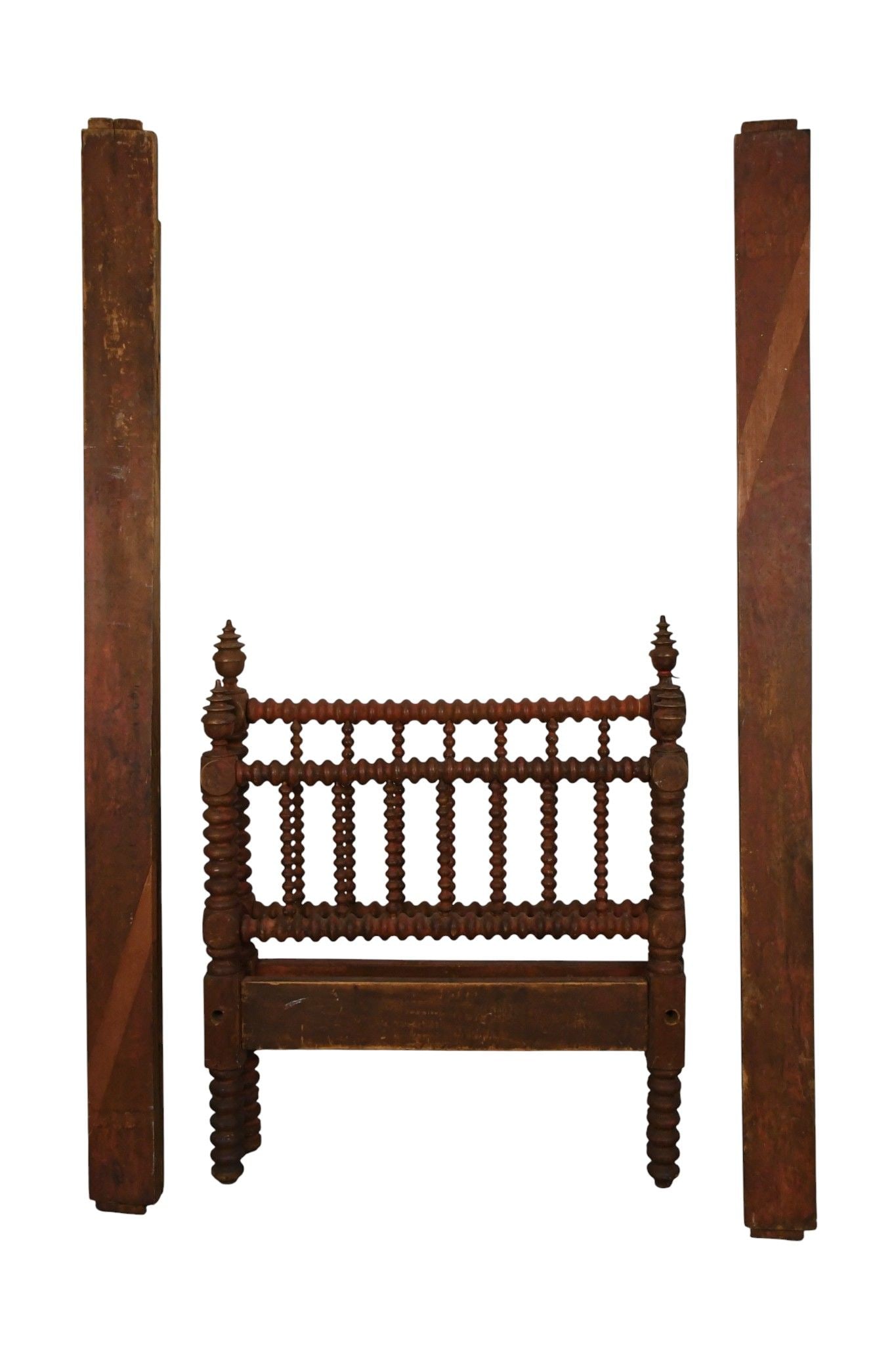 American Spool Turned Bed, Early 19th c, Original Dry Red Finish, 38"h x 36 1/2"w (nickel size pc.: American Spool Turned Bed, Early 19th c, Original Dry Red Finish, 38"h x 36 1/2"w (nickel size pc. Of spool missing) ***If this item is not picked up by the Friday following the auction, it will be mo