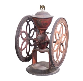 American Iron Coffee Grinder, Double Flywheels, Enterprise Mfg. Co. Philadelphia No. 12, 33"h x 19"w
