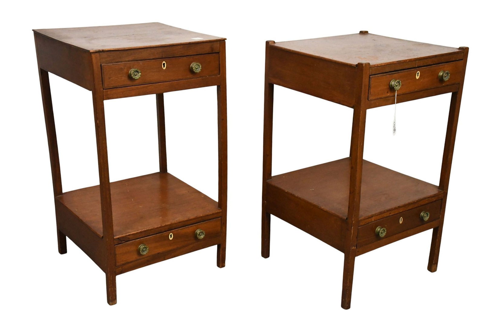 2 American 19th c. Pine Side Tables with 2 Drawers, Original Brass Pulls, Bone Escutcheons, 27"h x: 2 American 19th c. Pine Side Tables with 2 Drawers, Original Brass Pulls, Bone Escutcheons, 27"h x 15"w x 15 1/4"d (larger one) (one break on back of one table) ***If this item is not picked up by the