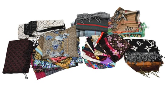 Lot 26 Designer Scarves, (2) Chanel Silk 70"L x 36"w a few stains, (4)