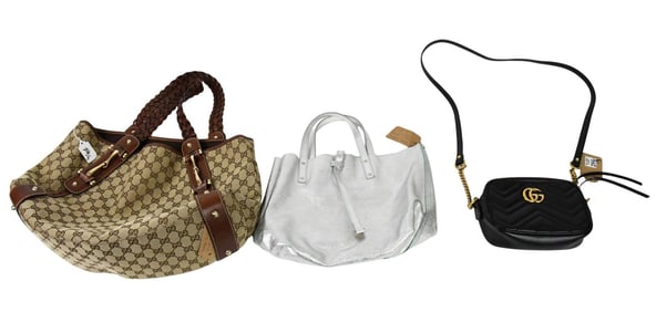 Lot of 3 Misc. Handbags, 1 Reversible Tiffany Tote, 11"W x 9"H, 2 Gucci Mini Black Crossbody