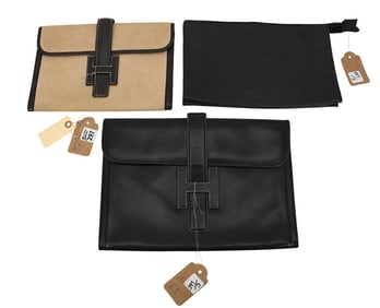 Lot of 3 Vintage Hermes Clutches 1 Box Jige GM Black, (12.5"W x 9.5"H), 2 Toile Jige Elan 29,