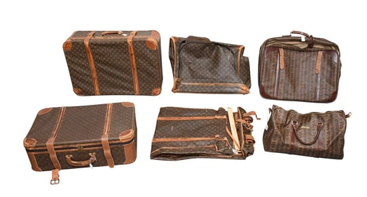 Lot of 6 Suitcases AS IS VERY WORN, 1 Louis Vuitton Lg. 10"H x 31"W x 21"D, 1 Louis Vuitton Md. 9"H