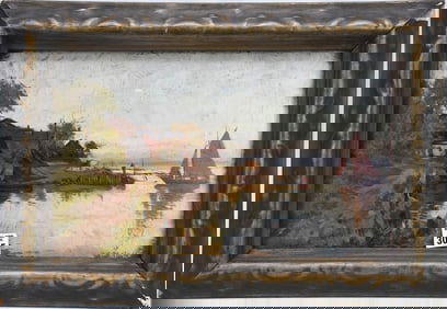 19th Century Dutch School, signed illegibly W Morris Oil on board, Homestead on the water at dusk.