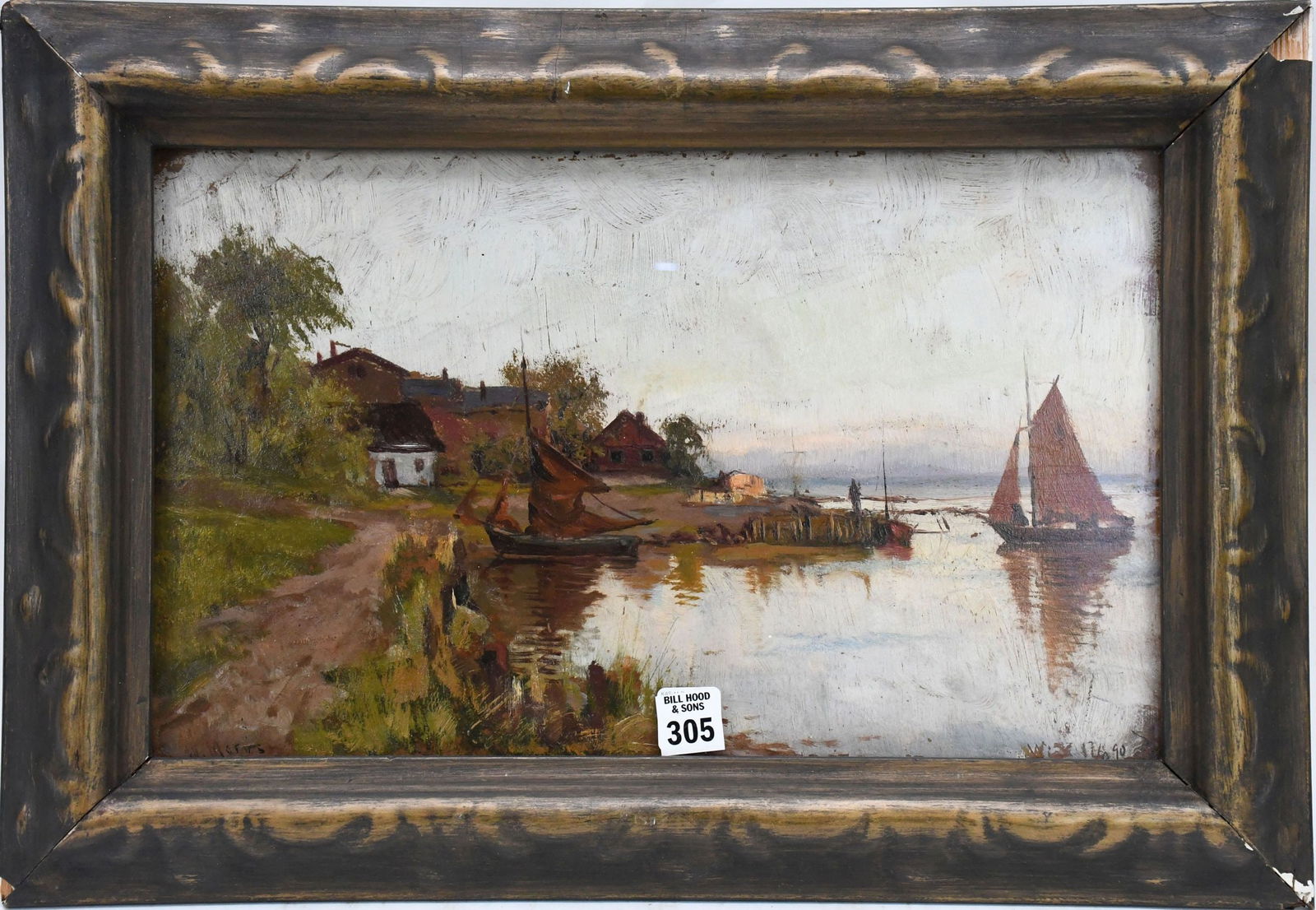 19th Century Dutch School, signed illegibly W Morris Oil on board, Homestead on the water at dusk. (1 of 6)
