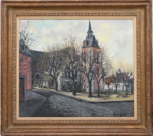 Maurice Buffet (French, 1909-2000) oil on canvas, Landscape tree's and church. Canvas 25 x 28