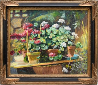 Alfred Persia (French b. 1933-) - Les Geraniums- Still life, O/C 21-1/2 x 25-1/2 inches. Overall