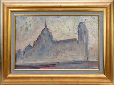 Antoine Ferrai, Basilica de Italia – oil on board Tonalist Landscape, signed lower right. 13x21