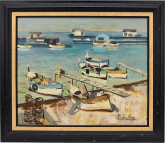 Eugène Baboulène (French, 1905-1994) -Les Bateau, oil on canvas, Harbor, docks boats and
