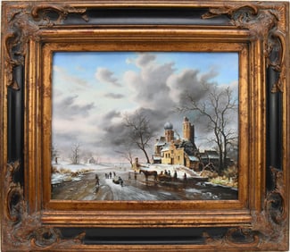 20th century Dutch winter landscape painting of church and figures, oil on board