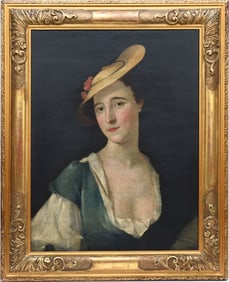 19th C. original painting; depicts portrait of maiden in yellow hat; image measures approximately