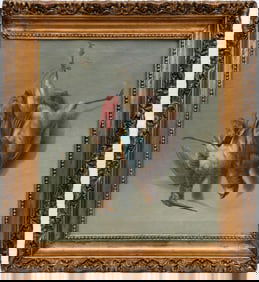 19th C. original painting; depicts still life of birds; over gray background; image measures