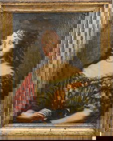 17/18th C. original painting; depicts portrait of a French princess with dog; image measures