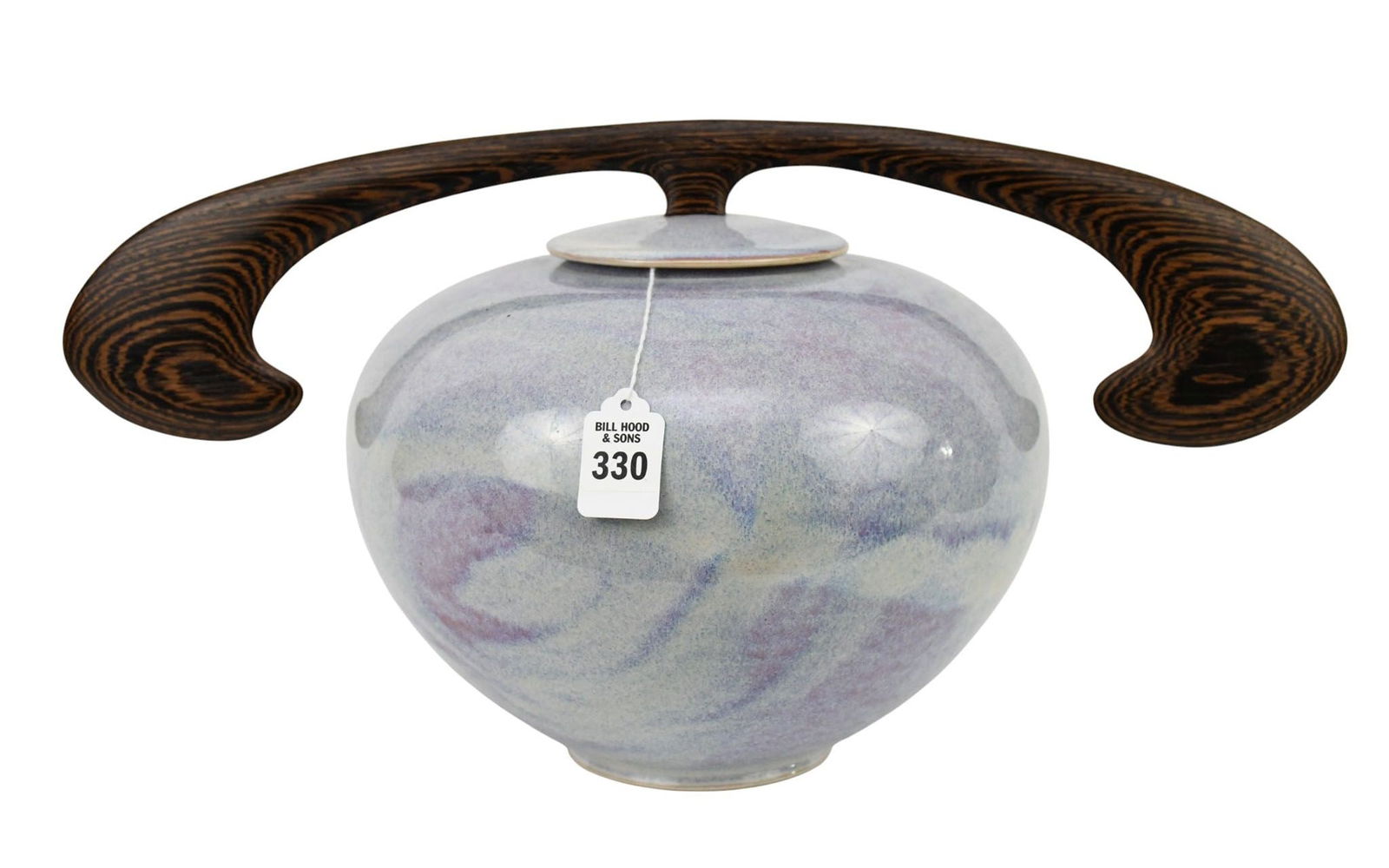 Huntley Pottery Flambe Jar with Wood Handle - C. 1989. A large covered jar with flambe style mottled (1 of 6)