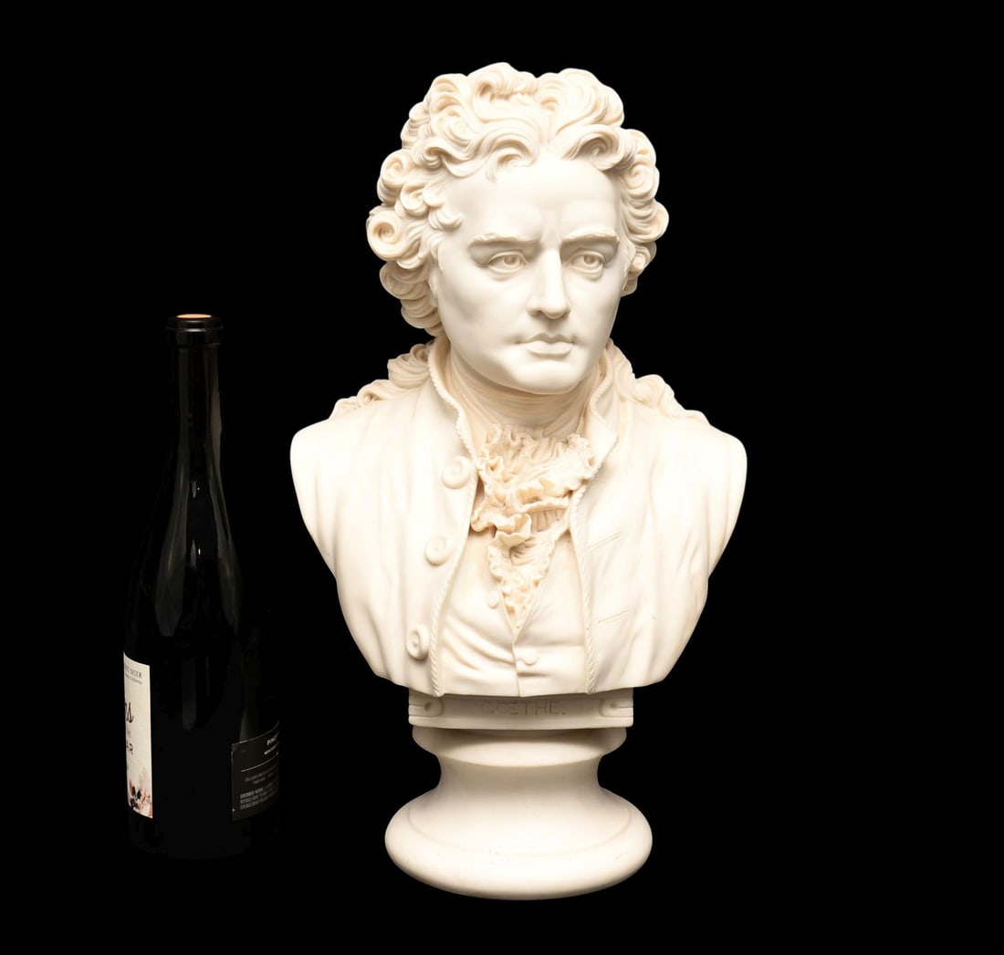 Parian Bust Of Goethe, Robinson & Leadbeater, C. Late 19th Century - English, c. 1890s. A bisque: Parian Bust Of Goethe, Robinson & Leadbeater, C. Late 19th Century - English, c. 1890s. A bisque porcelain bust of the German polymath Johann Wolfgang von Goethe (1749-1832). Labeled "Goethe" at front