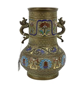 Japanese Cloisonne Champleve Brass Vase - A vintage brass vase with a long open neck and bulging
