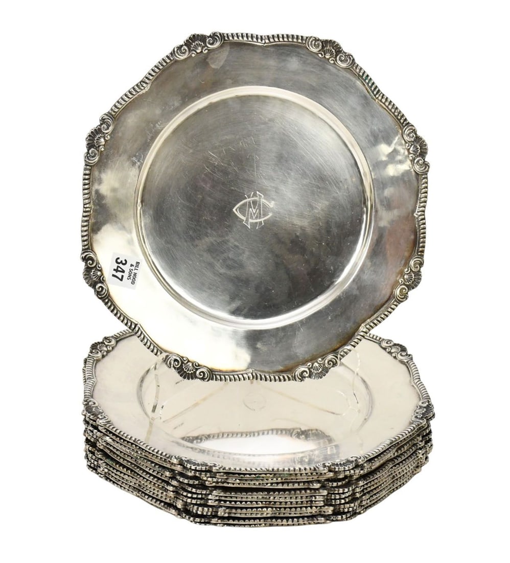 (12) JIP Sterling Silver 90% Dinner Plates, 11.5". Wt. 191 ozts (1 of 5)