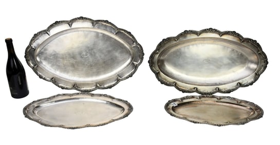 (4) JIP, GM Sterling Silver 90% Platters, Size 18" - 24.25" Wt. 128 ozts