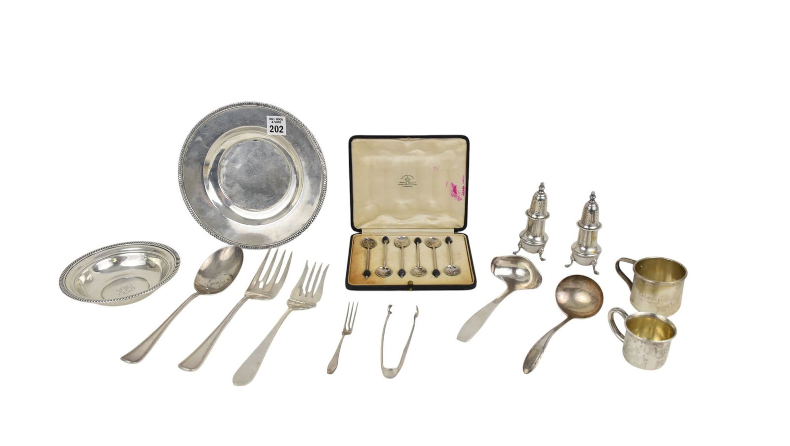 Sterling Silver Lot. Salt & Pepper shakers, 2 Plates Gorham, 2 Baby Cups international sterling,: Sterling Silver Lot. Salt & Pepper shakers, 2 Plates Gorham, 2 Baby Cups international sterling, Sugar tong & Fork Alvin, Mappin & Webb Demitasse Spoons, Serving Forks Stieff & Gorham and Spoons Gorha