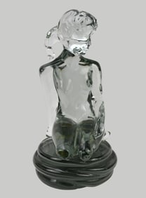 Murano Clear Art Glass Sculpture of Nude Female Kneeling, Signed L. Rosen, 12"h x 7"w