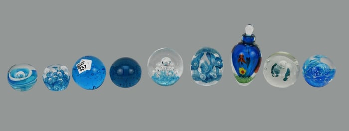 9 Mostly Blue Glass Paperweights & 1 Perfume Paperweight, 5 1/2"h x 4"w