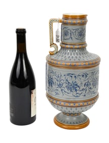 Antique Mettlach Unusual Form Pitcher, Grey, Blue & Brown, 14"h x 7"d