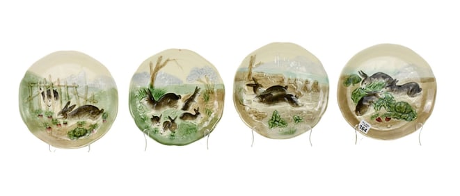 4 French Porcelain Plates With Rabbit Motif, 8 1/2"dia