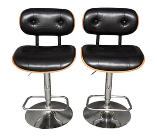 Pair Black Leather Plycraft Style Chrome Adjustable Bar Stools, 38"h x