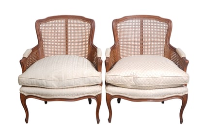 Pair French Provincial Caned Armchairs, Down Filled Bottom Cushions, Label Richard Plummer Miami,