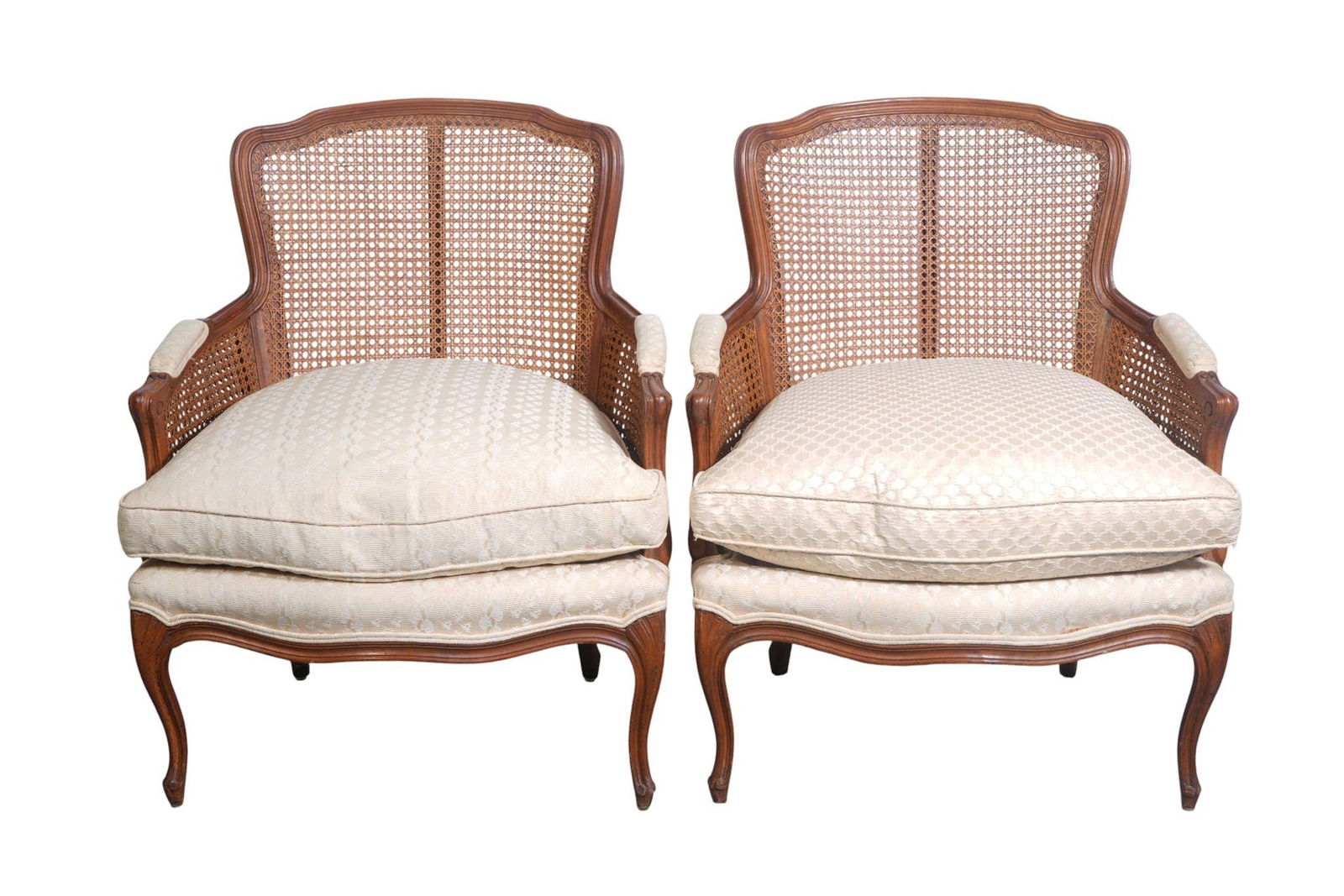 Pair French Provincial Caned Armchairs, Down Filled Bottom Cushions, Label Richard Plummer Miami, (1 of 8)