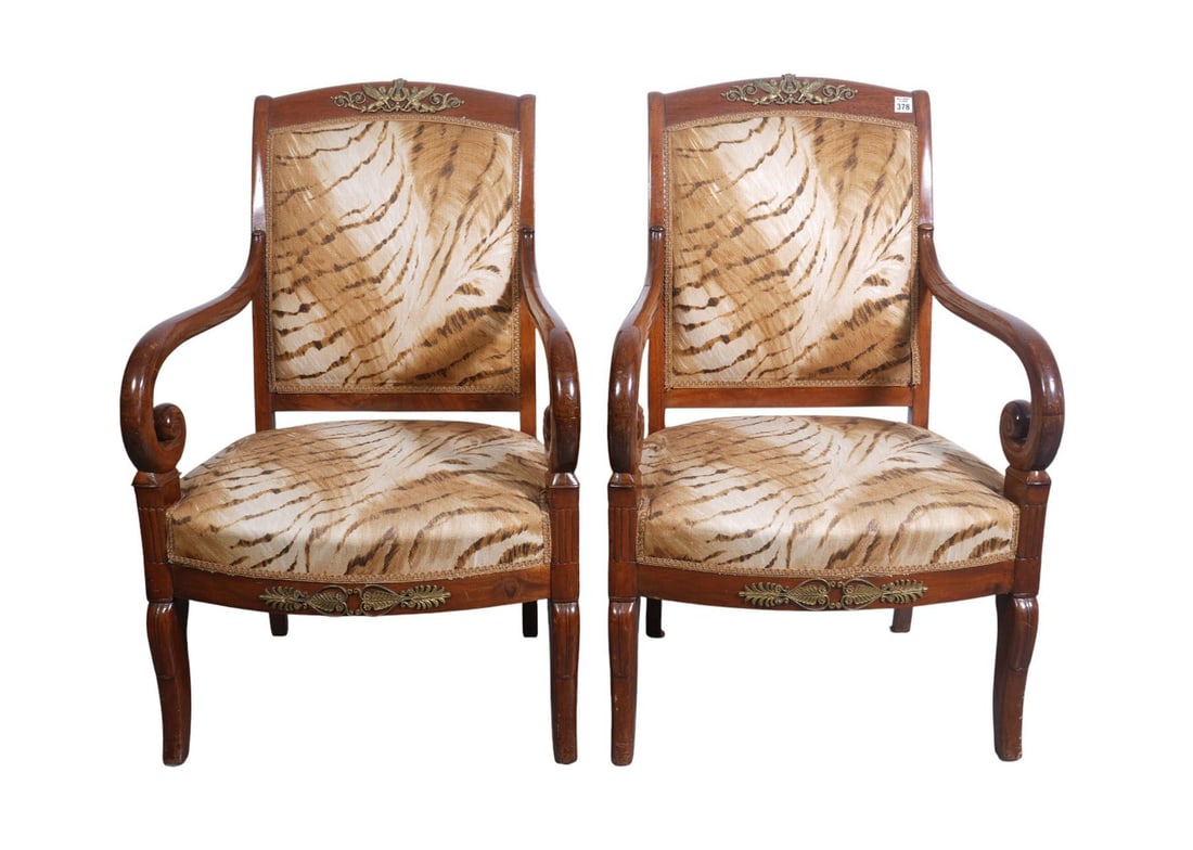 Pair Napoleonic Style Armchairs, Applied Gilt Metal Mounts, 32"H x 23"W x (1 of 4)