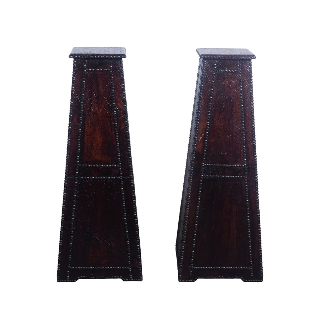 Pair Leather Type Pedestals with Brass Nailheads, 37"h x: Pair Leather Type Pedestals with Brass Nailheads, 37"h x 14"w ***If this item is not picked up by the Friday following the auction, it will be moved to offsite storage and pickup will be by appointmen
