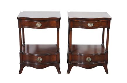 Pair 20th c. Mahogany Serpentine End Tables, Single Drawer Over Shelf with Drawer, 28"h x 20"w x