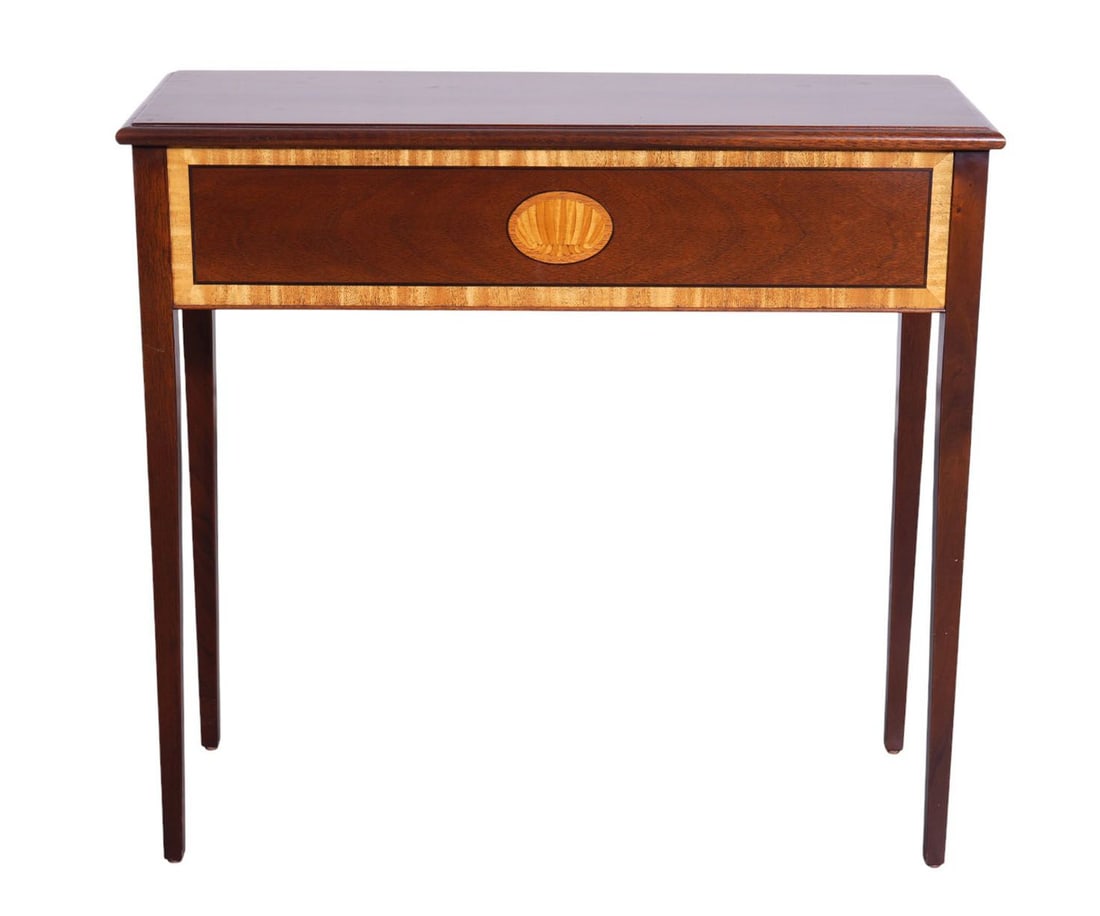 Mahogany Console, Faux Inlay Design, 30"h x 32"w x: Mahogany Console, Faux Inlay Design, 30"h x 32"w x 12"d ***If this item is not picked up by the Friday following the auction, it will be moved to offsite storage and pickup will be by appointment only