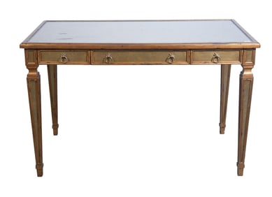 Theodore Alexander Writing Desk, Glass Surface, Painted Design, 3 Side by Side Drawers on Tapering