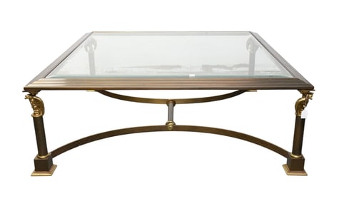 Oversized Square Coffee Table, Bronze and Brass on Stretcher Style Base, Eagles at Corners, 18"H x