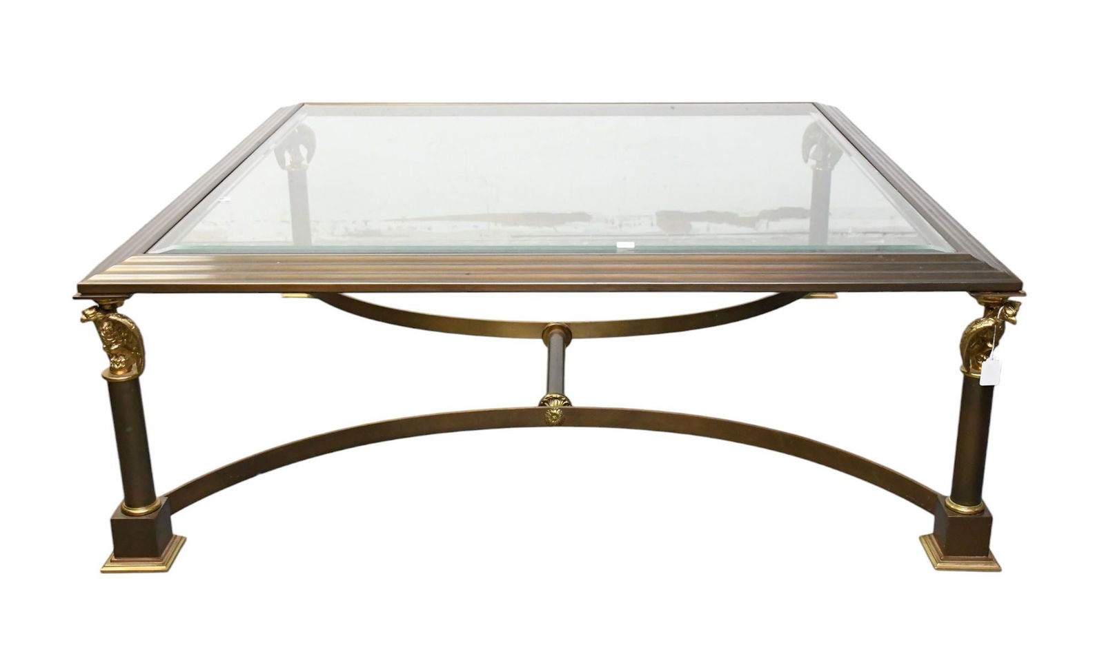 Oversized Square Coffee Table, Bronze and Brass on Stretcher Style Base, Eagles at Corners, 18"H x (1 of 5)