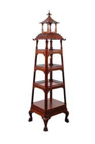 Carved Wood Tapered Pegoda Form Display Stand, 5 Shelves For Display, Reticulated with Fret Work,