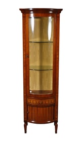 French Vitrine Marquetry Design Bowed Front Glass Door, Beveled Glass Side Lights Over Single Drawer