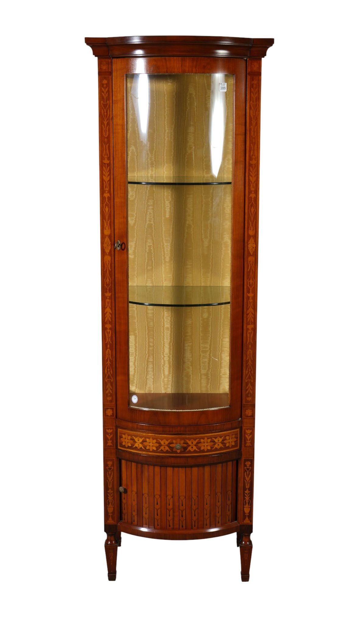 French Vitrine Marquetry Design Bowed Front Glass Door, Beveled Glass Side Lights Over Single Drawer (1 of 15)