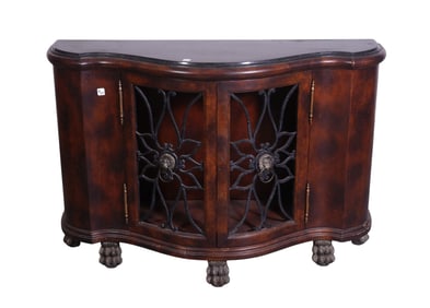 Serpentine 20th c. Sideboard, Fitted Marble Top Over Double Doors with Iron Grid and Lions on paw