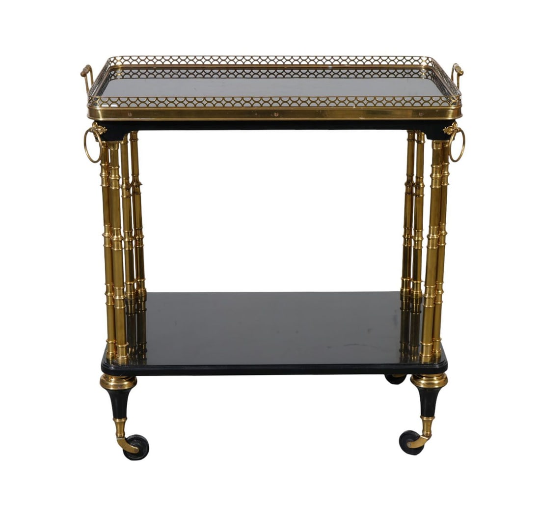 Tea Cart with Brass Frame on Wheels, 2 Tier, Black Laminate Surfaces, 27.5"H x 27"W x (1 of 4)